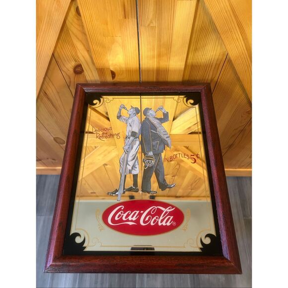 Vintage Coca Cola Mirror 16"x13" Delicious and Refreshing Baseball Player Umpire - Picture 1 of 4